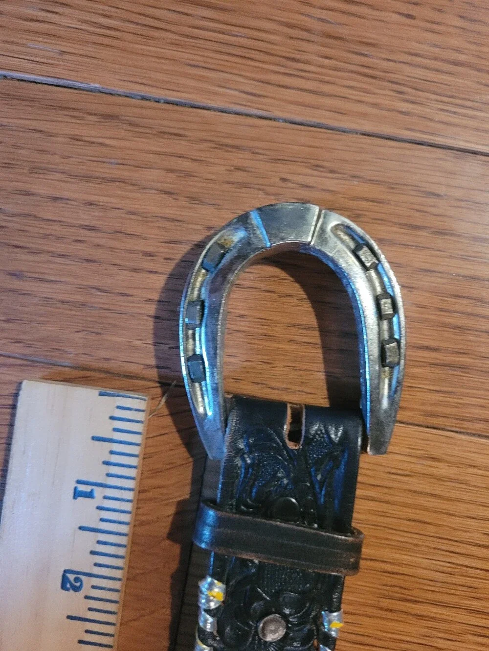 Nocona Black Tooled Leather Belt with Horseshoe Buckle (C01)